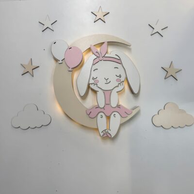 Alternative view of Παιδικό Φωτιστικό Φεγγάρι Με Λαγουδάκι Και Σύννεφα Μαζί Με Τα Αστέρια Επίτοιχο Μπαταρίας 2Α P-E-11