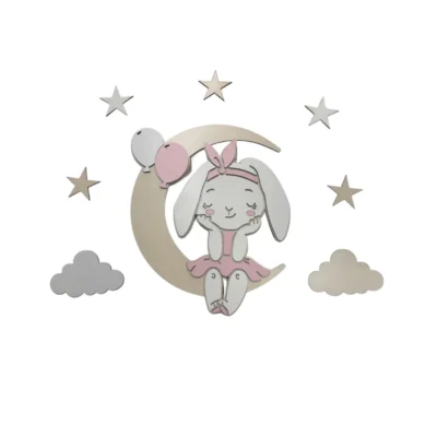 Παιδικό Φωτιστικό Φεγγάρι Με Λαγουδάκι Και Σύννεφα Μαζί Με Τα Αστέρια Επίτοιχο Μπαταρίας 2Α P-E-11